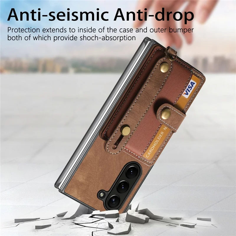 For Samsung Galaxy Z Fold6 5G Case Card Holder Wristband Leather+PC Cover with Strap - Brown
