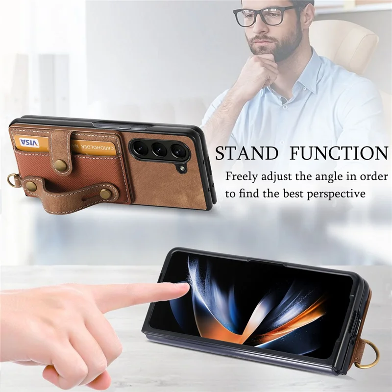 For Samsung Galaxy Z Fold6 5G Case Card Holder Wristband Leather+PC Cover with Strap - Brown