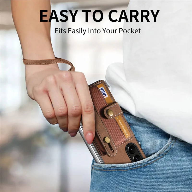 For Samsung Galaxy Z Fold6 5G Case Card Holder Wristband Leather+PC Cover with Strap - Brown