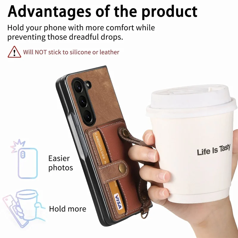 For Samsung Galaxy Z Fold6 5G Case Card Holder Wristband Leather+PC Cover with Strap - Brown