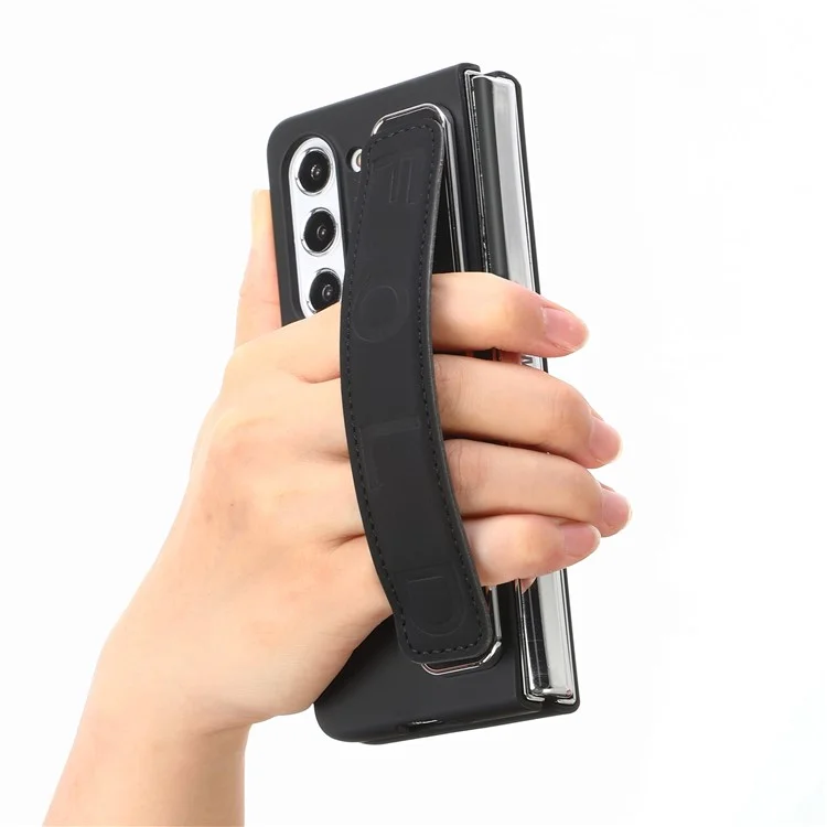 For Samsung Galaxy Z Fold6 5G Case Anti-Drop Wristband Leather+PC Phone Cover with Screen Film - Black