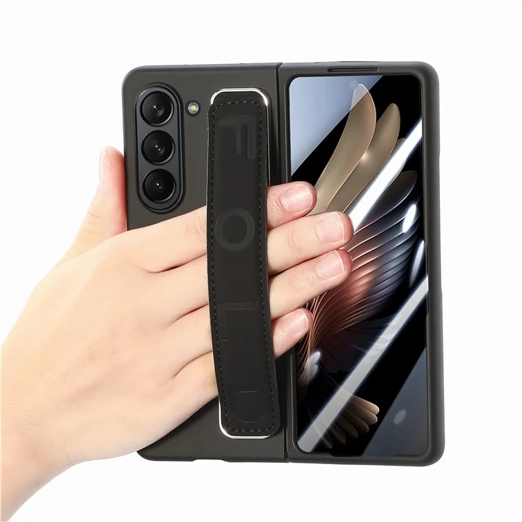 For Samsung Galaxy Z Fold6 5G Case Anti-Drop Wristband Leather+PC Phone Cover with Screen Film - Black