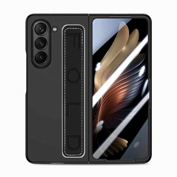 For Samsung Galaxy Z Fold6 5G Case Anti-Drop Wristband Leather+PC Phone Cover with Screen Film - Black