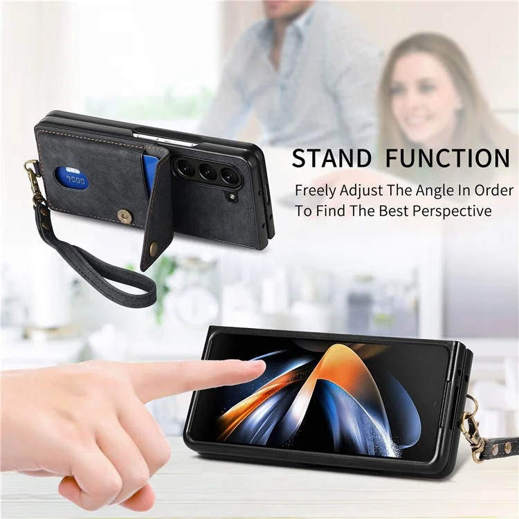 Чехол D1 для Samsung Galaxy Z Fold6 5G с функцией подставки, карман для карт, кожа + ПК, чехол для телефона со ремешком - черный