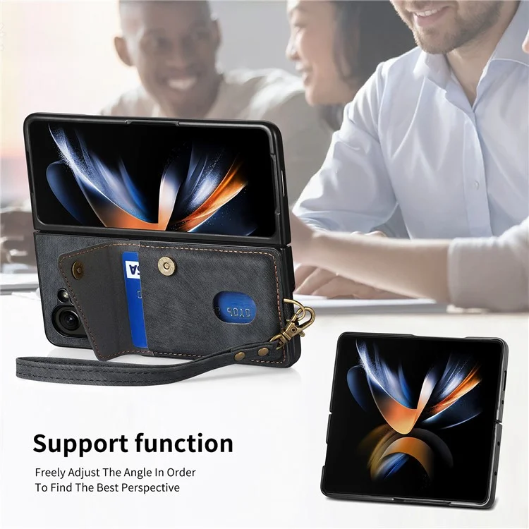 Чехол D1 для Samsung Galaxy Z Fold6 5G с функцией подставки, карман для карт, кожа + ПК, чехол для телефона со ремешком - черный