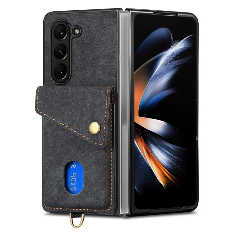 Чехол D1 для Samsung Galaxy Z Fold6 5G с функцией подставки, карман для карт, кожа + ПК, чехол для телефона со ремешком - черный
