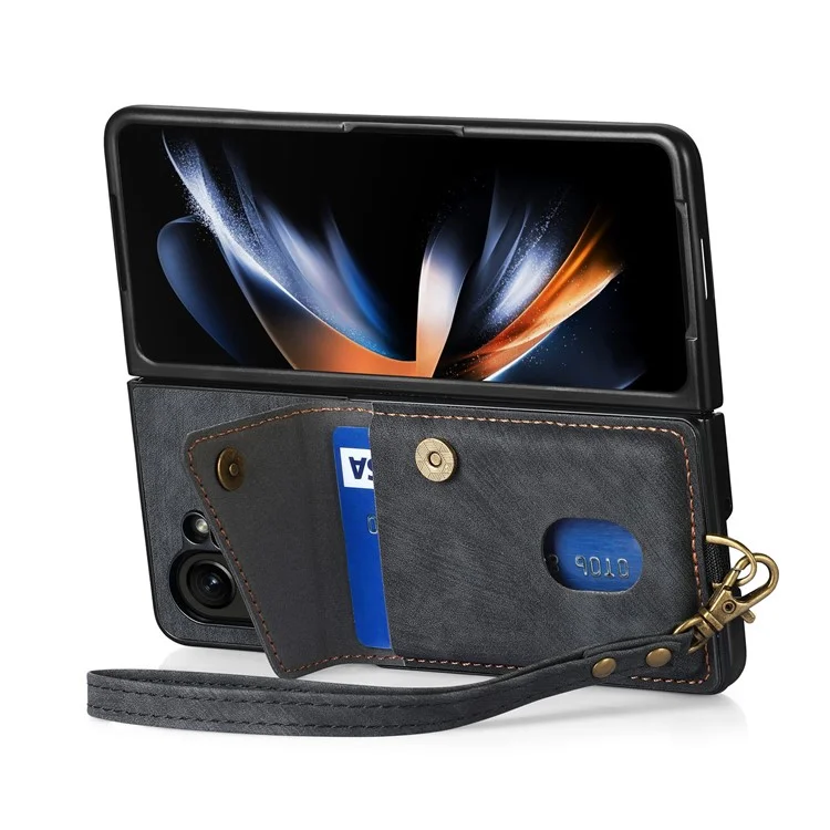 Чехол D1 для Samsung Galaxy Z Fold6 5G с функцией подставки, карман для карт, кожа + ПК, чехол для телефона со ремешком - черный