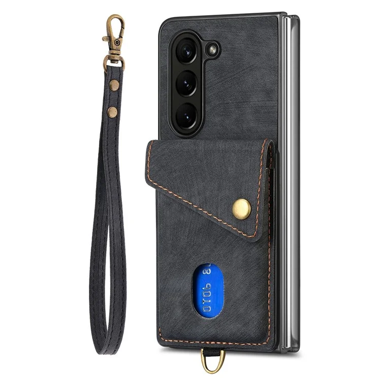 Чехол D1 для Samsung Galaxy Z Fold6 5G с функцией подставки, карман для карт, кожа + ПК, чехол для телефона со ремешком - черный