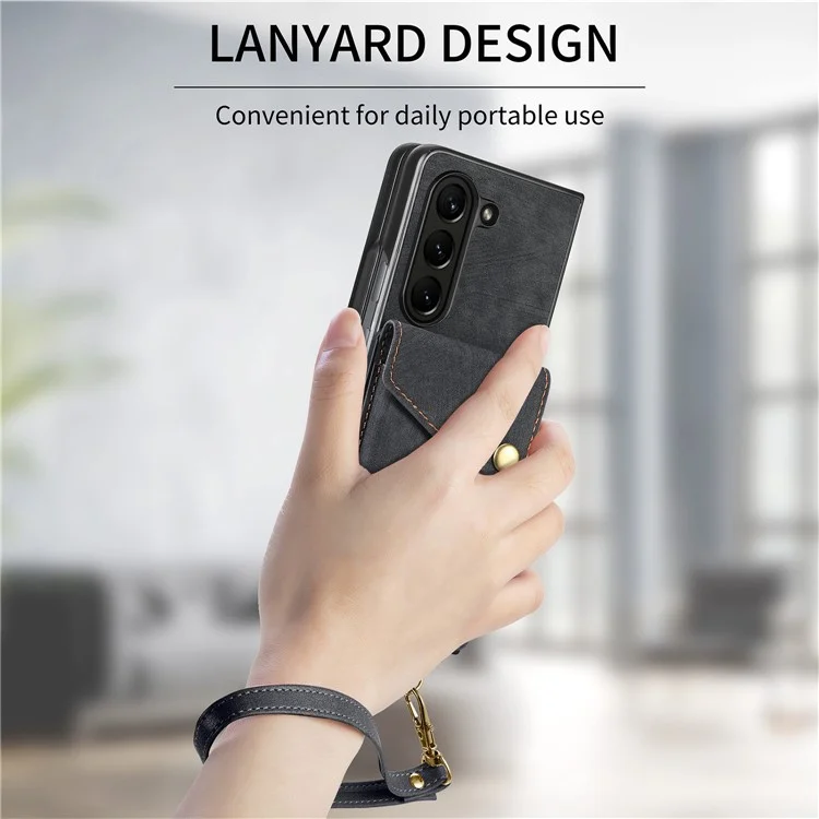 Чехол D1 для Samsung Galaxy Z Fold6 5G с функцией подставки, карман для карт, кожа + ПК, чехол для телефона со ремешком - черный