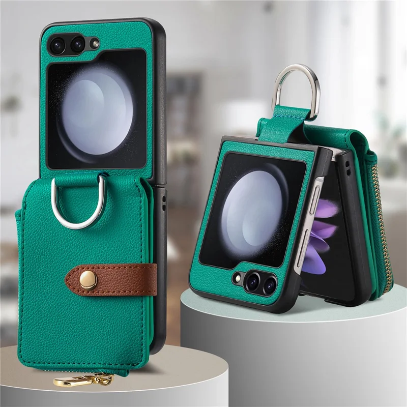 For Samsung Galaxy Z Flip7 FE 5G / Z Flip6 5G Case Zipper Pocket Leather+PC Phone Cover with Ring Holder - Green