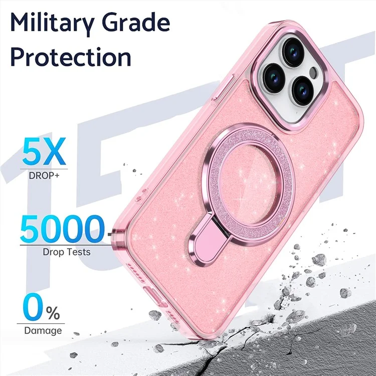 Für iPhone 15 Pro Max Case Glitzer-Design TPU+PC Hybrid-Handyhülle mit Ständer - Pink