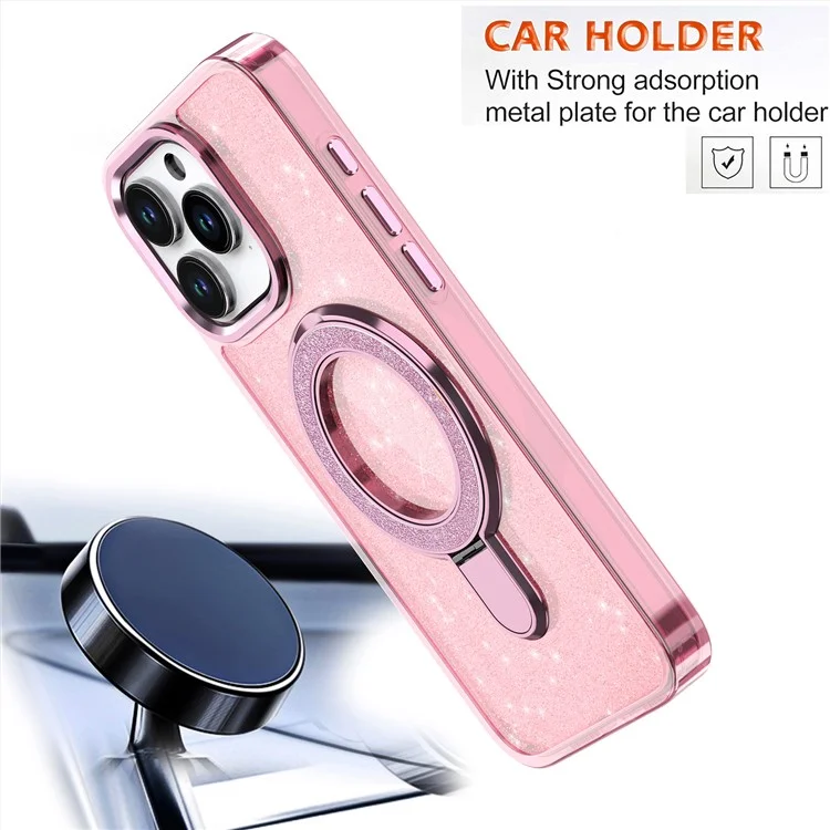 Für iPhone 15 Pro Max Case Glitzer-Design TPU+PC Hybrid-Handyhülle mit Ständer - Pink