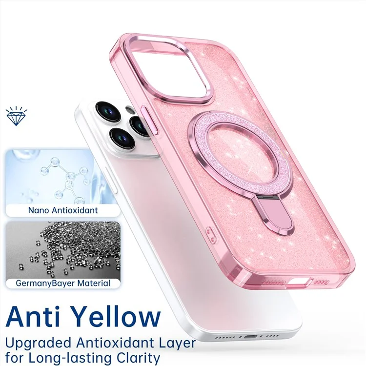 Für iPhone 15 Pro Max Case Glitzer-Design TPU+PC Hybrid-Handyhülle mit Ständer - Pink