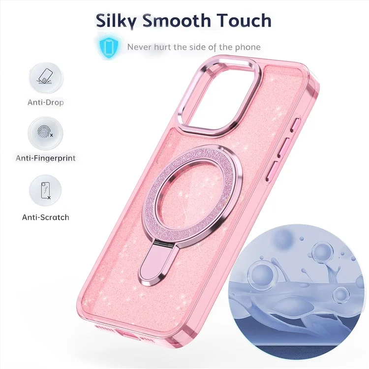 Für iPhone 15 Pro Max Case Glitzer-Design TPU+PC Hybrid-Handyhülle mit Ständer - Pink