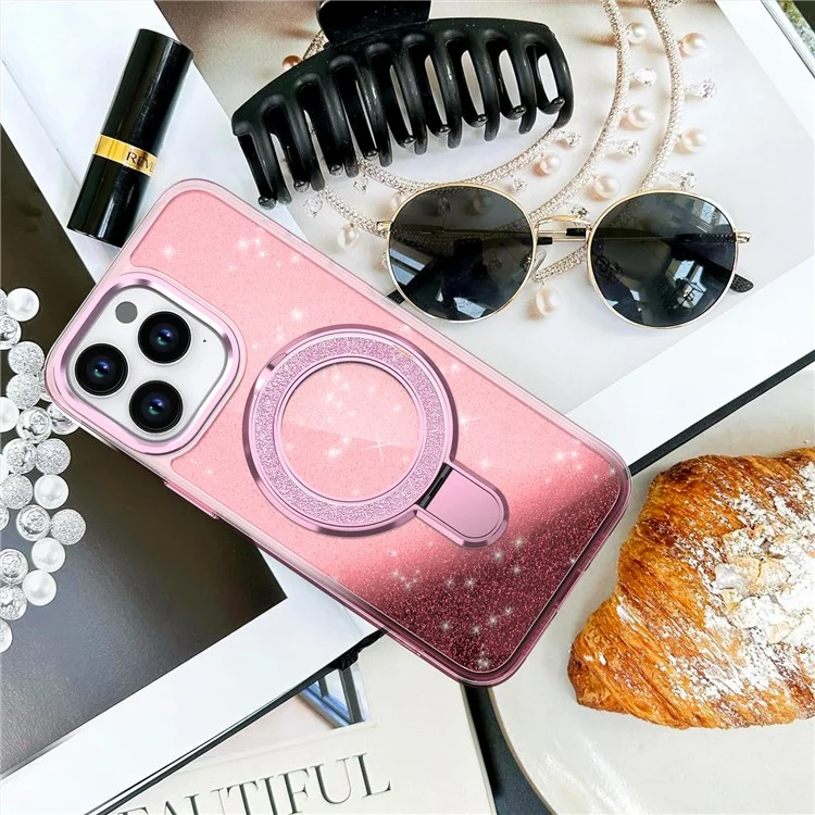 Für iPhone 15 Pro Max Case Glitzer-Design TPU+PC Hybrid-Handyhülle mit Ständer - Pink