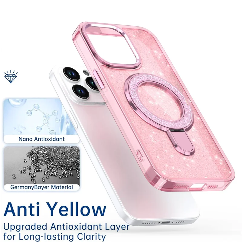 Für iPhone 15 Pro Case Glitter Design TPU+PC Kickstand Phone Protector - Pink
