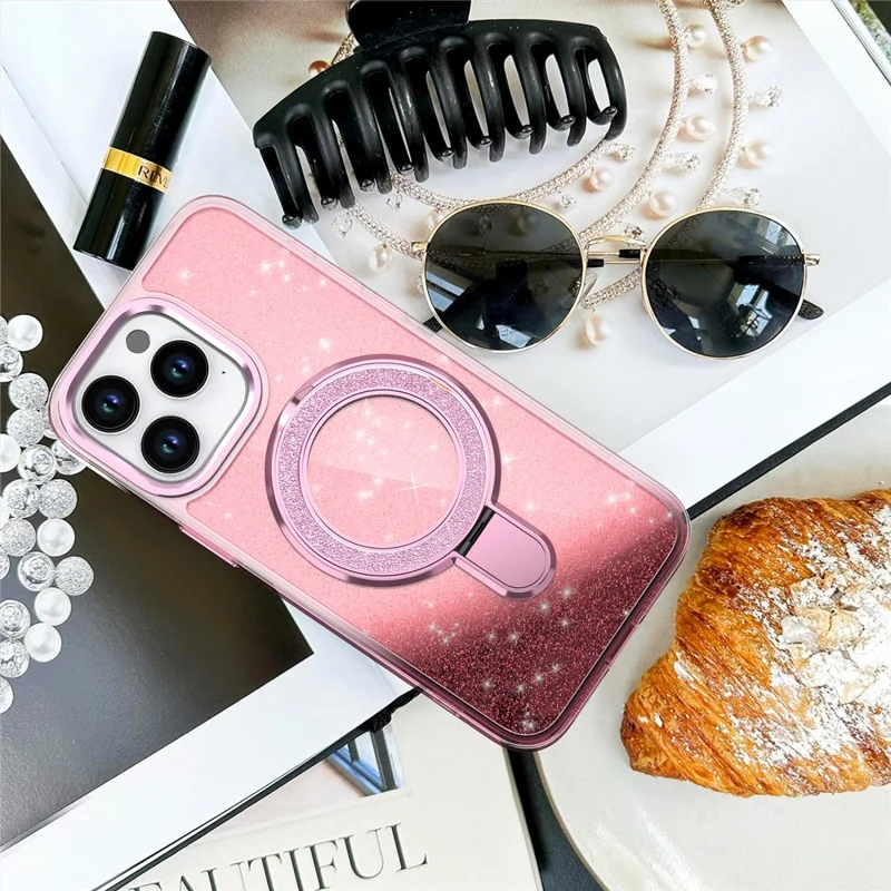 Für iPhone 15 Pro Case Glitter Design TPU+PC Kickstand Phone Protector - Pink