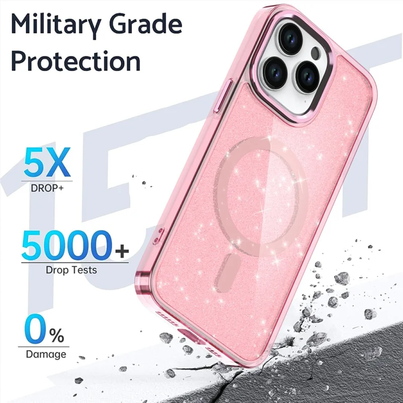 For iPhone 16 Pro Max Magnetic Case TPU+PC Phone Cover Glitter Design - Pink