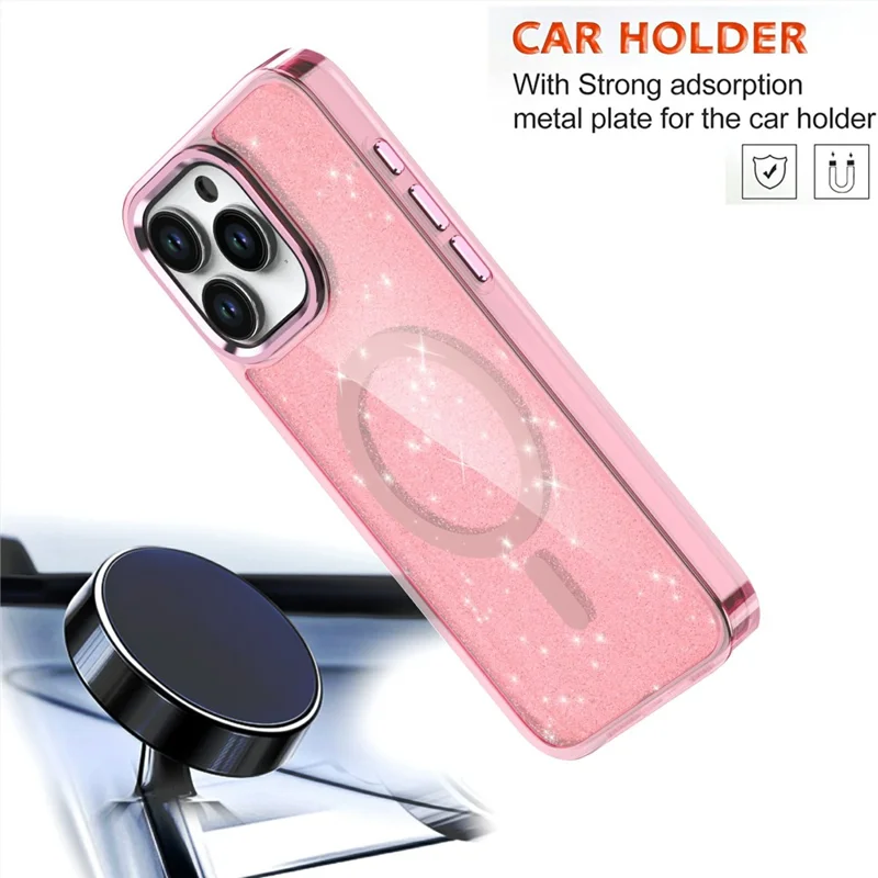 For iPhone 16 Pro Max Magnetic Case TPU+PC Phone Cover Glitter Design - Pink