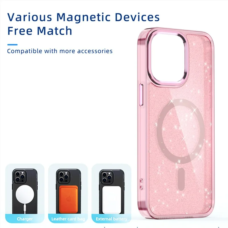 For iPhone 16 Pro Max Magnetic Case TPU+PC Phone Cover Glitter Design - Pink