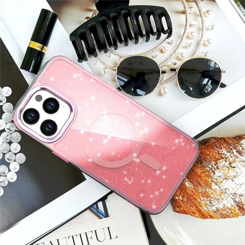 For iPhone 16 Pro Max Magnetic Case TPU+PC Phone Cover Glitter Design - Pink