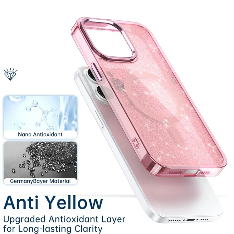 For iPhone 15 Pro Case Compatible with MagSafe TPU+PC Phone Cover Glitter Design - Pink