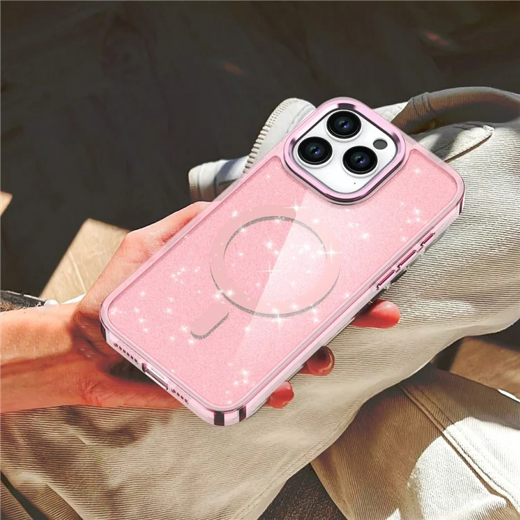 For iPhone 15 Pro Case Compatible with MagSafe TPU+PC Phone Cover Glitter Design - Pink