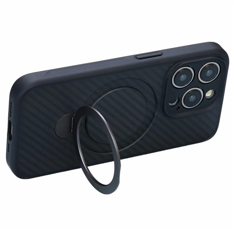 Pour iPhone 15 Pro Max Case Hidden Magnetic Kickstand TPU+PC Phone Cover avec Texture en Fibre de Carbone