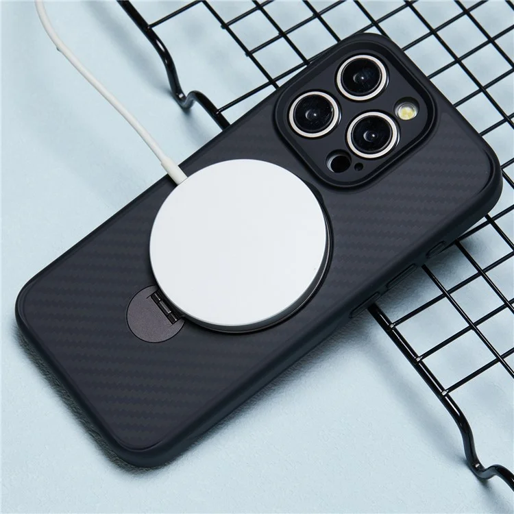 Pour iPhone 15 Pro Max Case Hidden Magnetic Kickstand TPU+PC Phone Cover avec Texture en Fibre de Carbone