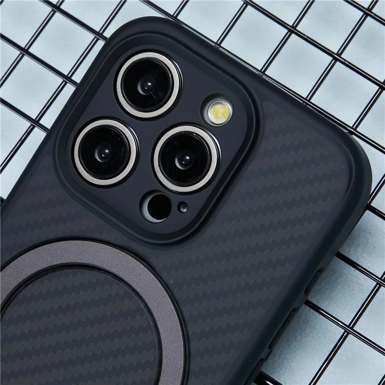 Pour iPhone 15 Pro Max Case Hidden Magnetic Kickstand TPU+PC Phone Cover avec Texture en Fibre de Carbone