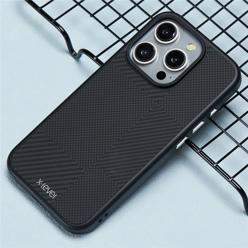X-LEVEL For iPhone 15 Pro Case Drop Protection PC Phone Cover with Carbon Nano Fiber Texture - Black