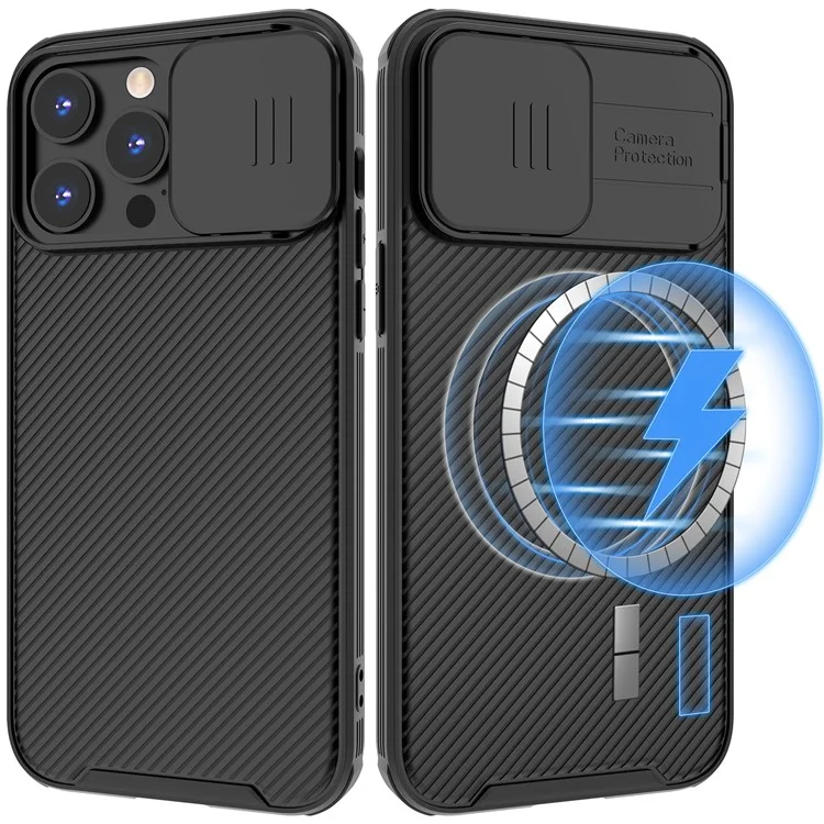 For iPhone 15 Pro Case Compatible with MagSafe PC+TPU Phone Cover Slide Camera Lid - Black