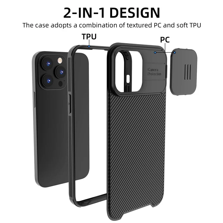 For iPhone 15 Pro Case Compatible with MagSafe PC+TPU Phone Cover Slide Camera Lid - Black