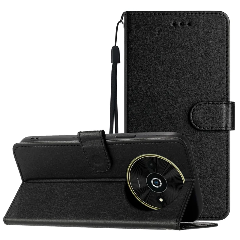 For Xiaomi Poco C61 4G / Redmi A3 4G Case Wallet Stand Leather Silk Texture Phone Cover - Black