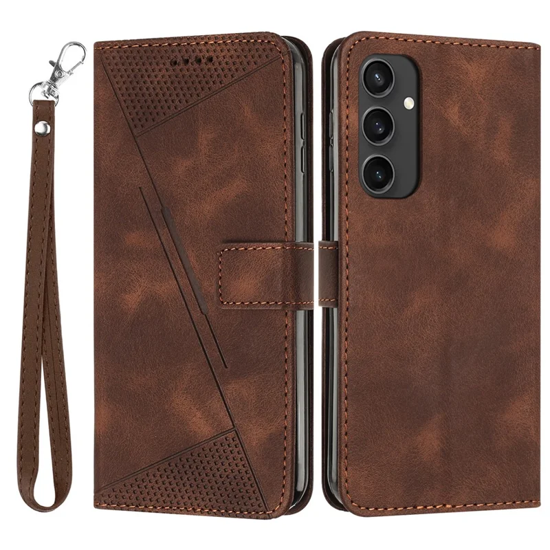 For Samsung Galaxy S24 FE Case Triangle Pattern Leather Phone Cover 3 Card Holder with Strap - Brown