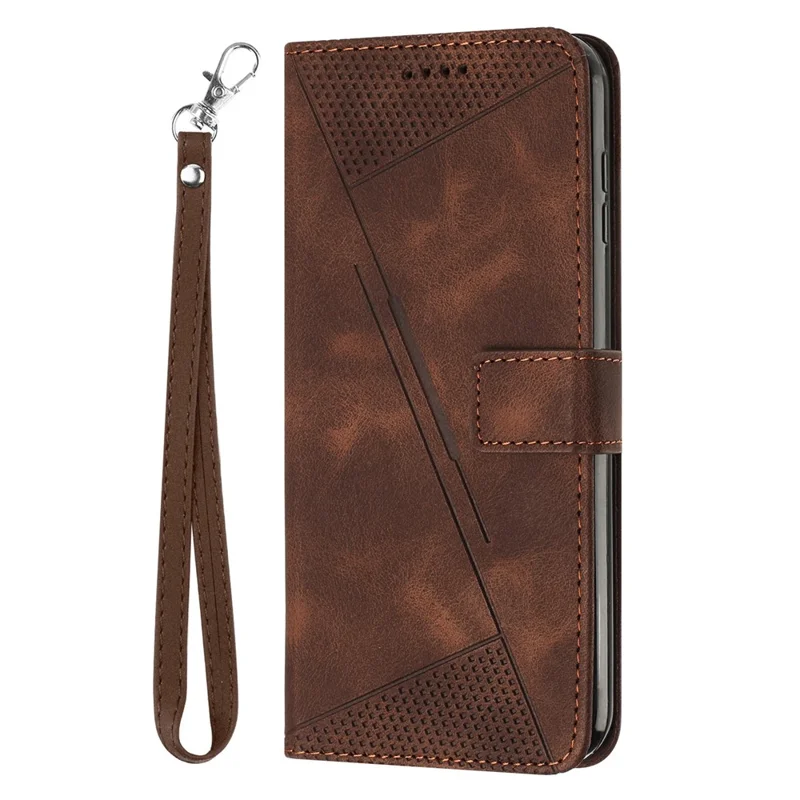For Samsung Galaxy S24 FE Case Triangle Pattern Leather Phone Cover 3 Card Holder with Strap - Brown