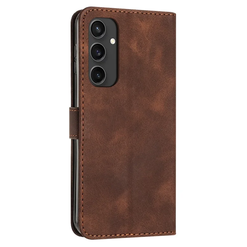 For Samsung Galaxy S24 FE Case Triangle Pattern Leather Phone Cover 3 Card Holder with Strap - Brown