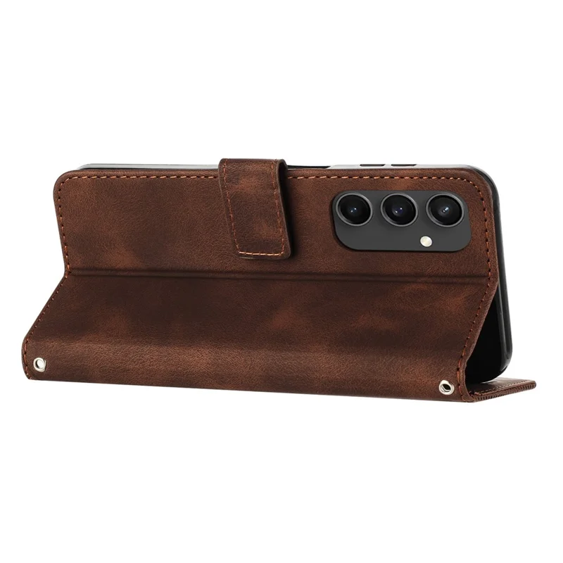 For Samsung Galaxy S24 FE Case Triangle Pattern Leather Phone Cover 3 Card Holder with Strap - Brown