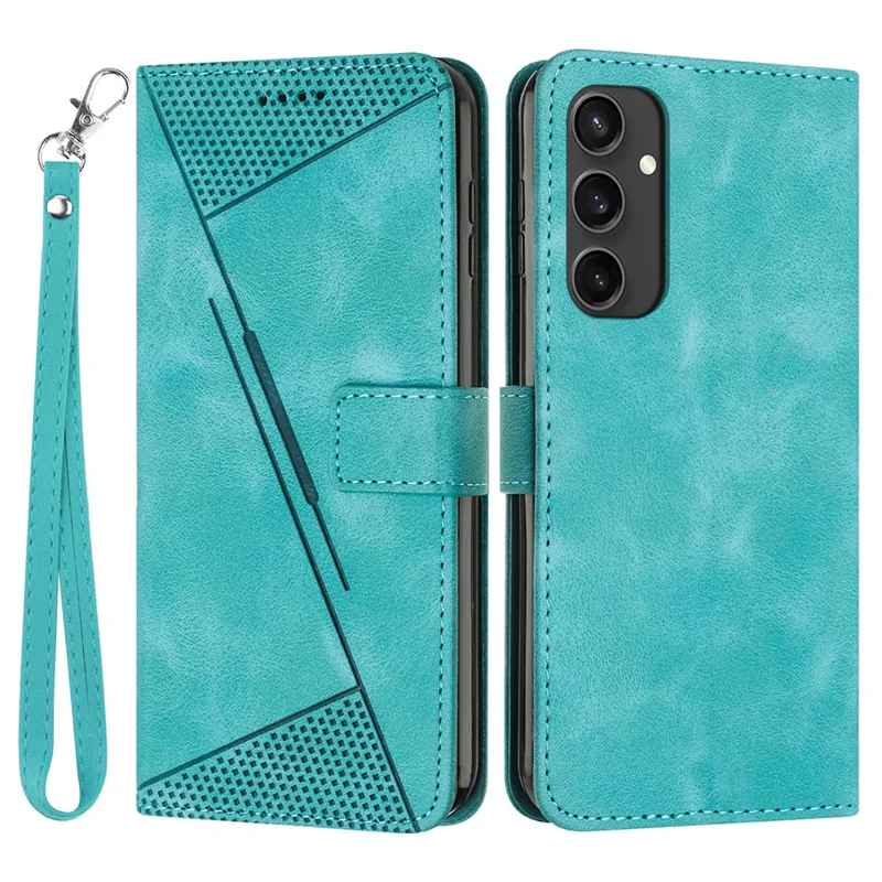 For Samsung Galaxy S24 FE Case Triangle Pattern Leather Phone Cover 3 Card Holder with Strap - Green