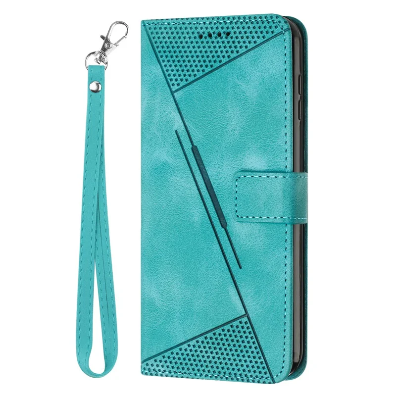 For Samsung Galaxy S24 FE Case Triangle Pattern Leather Phone Cover 3 Card Holder with Strap - Green
