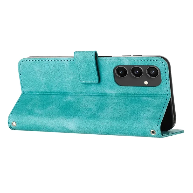 For Samsung Galaxy S24 FE Case Triangle Pattern Leather Phone Cover 3 Card Holder with Strap - Green