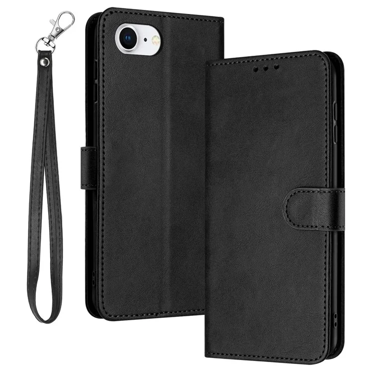 For iPhone 16e Case Calf Texture Leather Wallet Shockproof Flip Cover with Hand Strap - Black