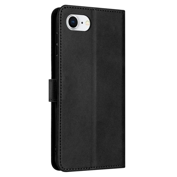 For iPhone 16e Case Calf Texture Leather Wallet Shockproof Flip Cover with Hand Strap - Black