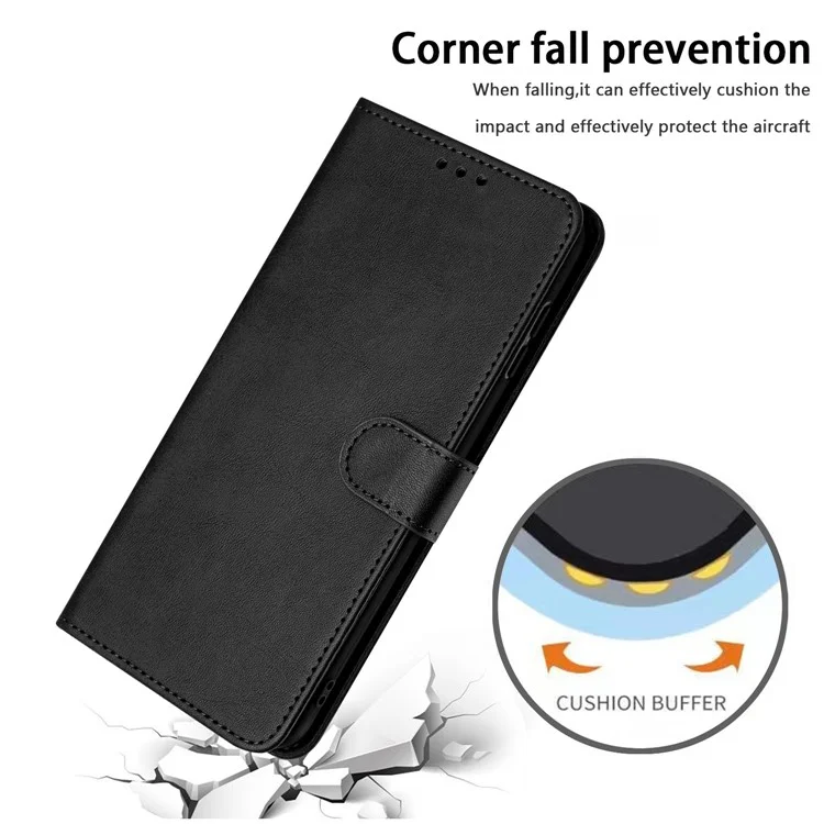 For iPhone 16e Case Calf Texture Leather Wallet Shockproof Flip Cover with Hand Strap - Black