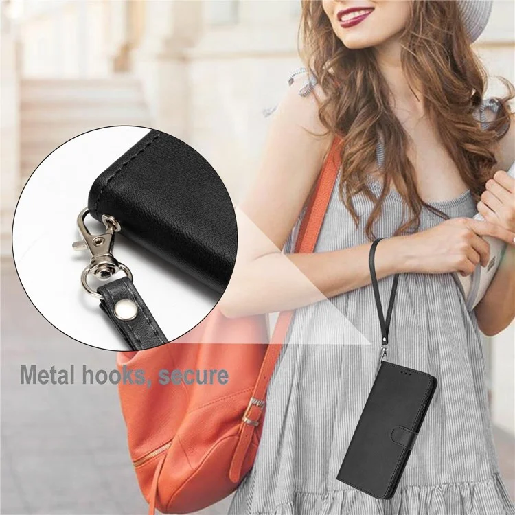 For iPhone 16e Case Calf Texture Leather Wallet Shockproof Flip Cover with Hand Strap - Black