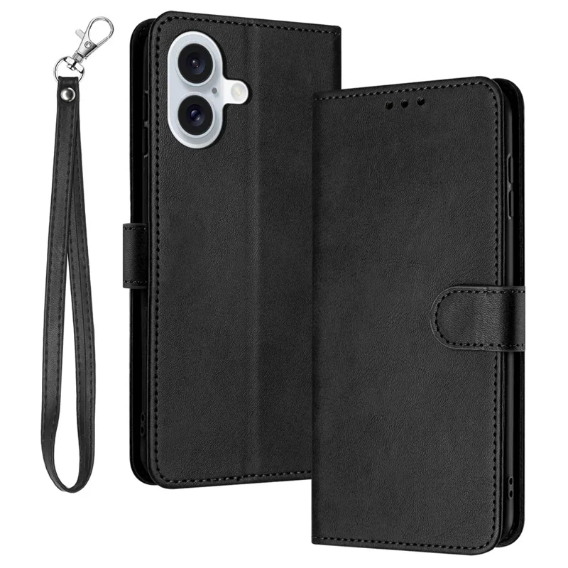 For iPhone 16 Wallet Case Calf Texture Leather Phone Cover Purse with Hand Strap - Black