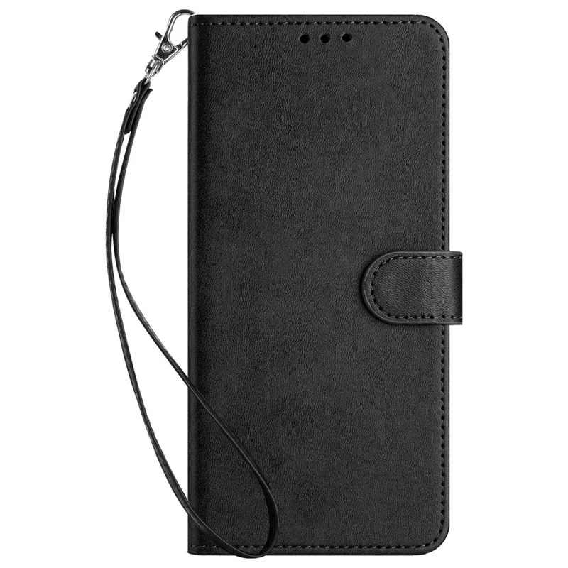 For iPhone 16 Wallet Case Calf Texture Leather Phone Cover Purse with Hand Strap - Black