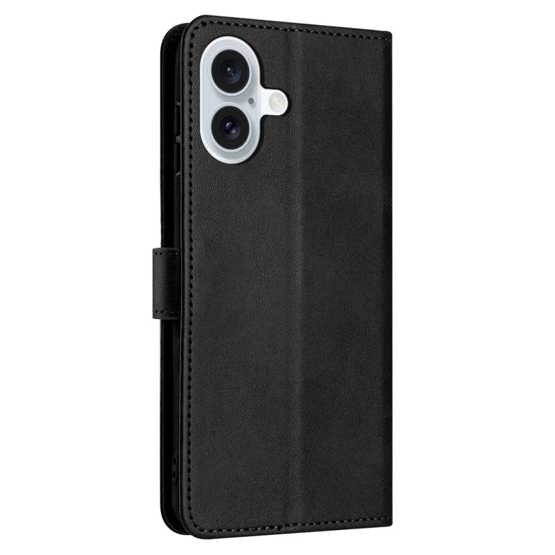 For iPhone 16 Wallet Case Calf Texture Leather Phone Cover Purse with Hand Strap - Black
