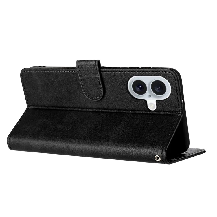 For iPhone 16 Plus Case PU Leather Flip Phone Cover Calf Texture Handbag - Black