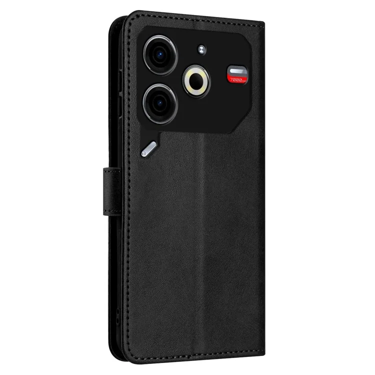 For TECNO Pova 6 Neo Case Calf Texture Leather Phone Cover with Card Holders Stand Hand Strap - Black